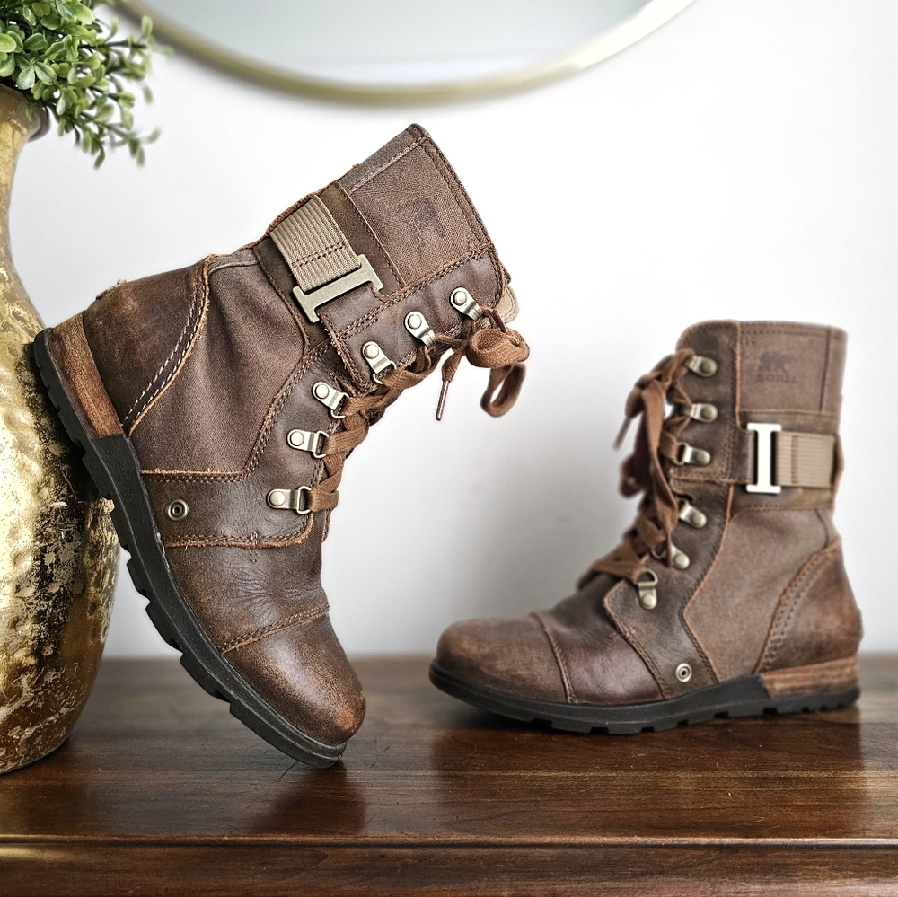 SOREL Major Carly Combat Boots Women’s 7 Nutmeg Flax Leather Canvas Discontinued